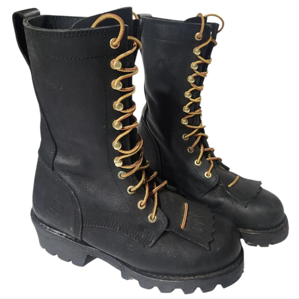 John Deere Black Leather Kiltie Lace-Up Steel Toe Boots Size 7 Like New!